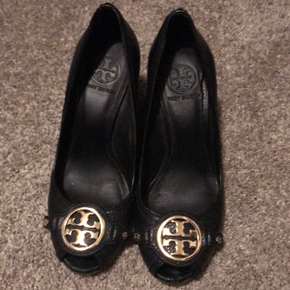 Tory Burch Black Leather Peep Toe Wedge